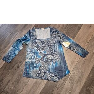 One World‎ Blue Paisley Print Long Sleeve Square Neck Top